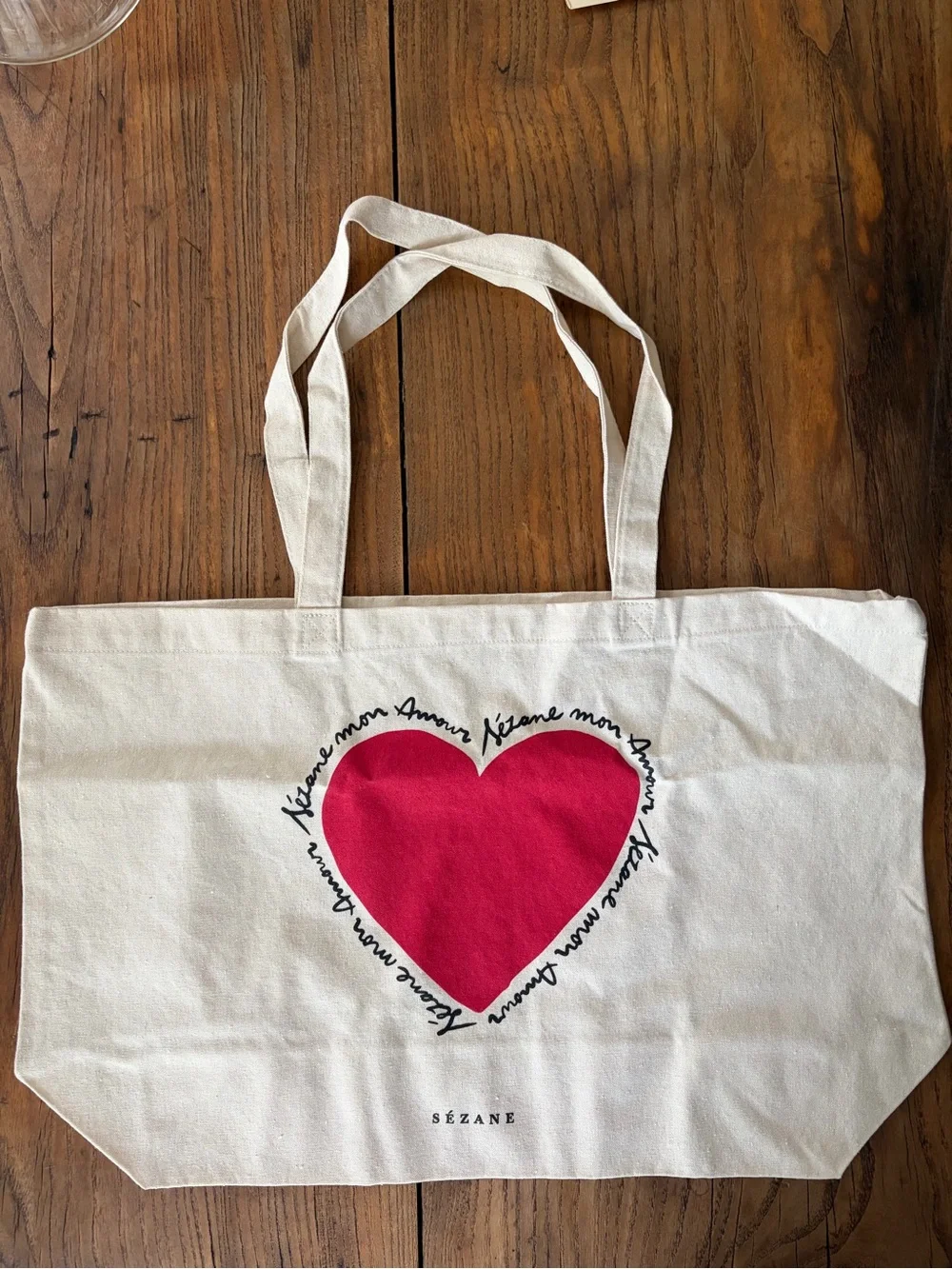 Sezane Cream Canvas Tote with Red Heart Motif